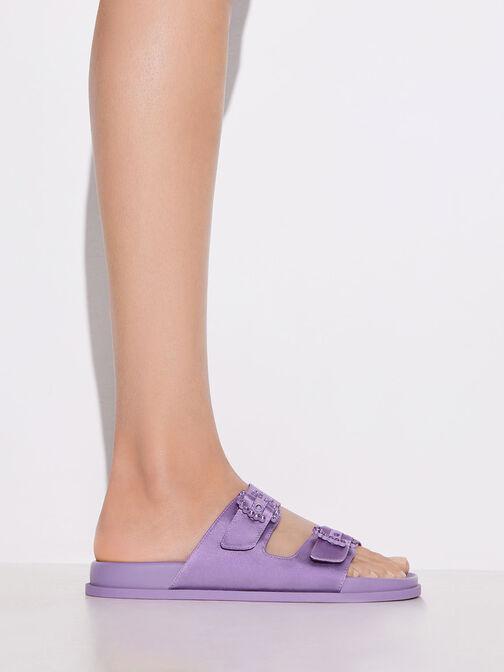 Reycled Polyester Embellished Buckle Sandals, Purple, hi-res