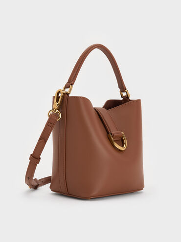 Gabine Leather Belted Top-Handle Bucket Bag, Chocolate, hi-res