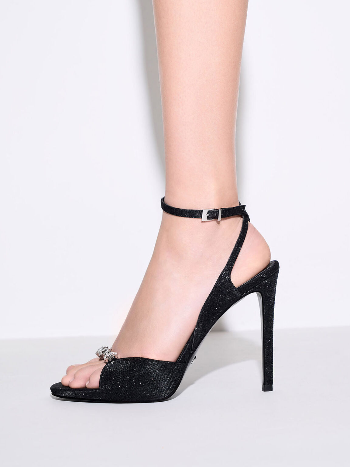 Sandal Ankle Strap Glittered Gem-Encrusted, Black, hi-res
