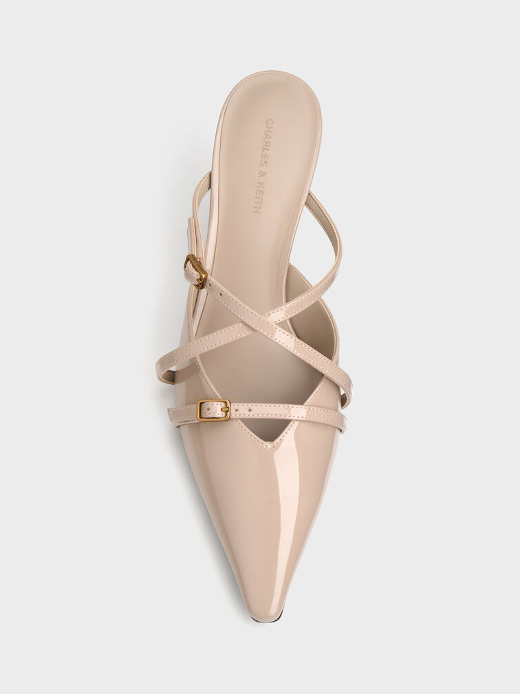 Sepatu Mules Heeled Pointed Patent Maybelle, Nude, hi-res