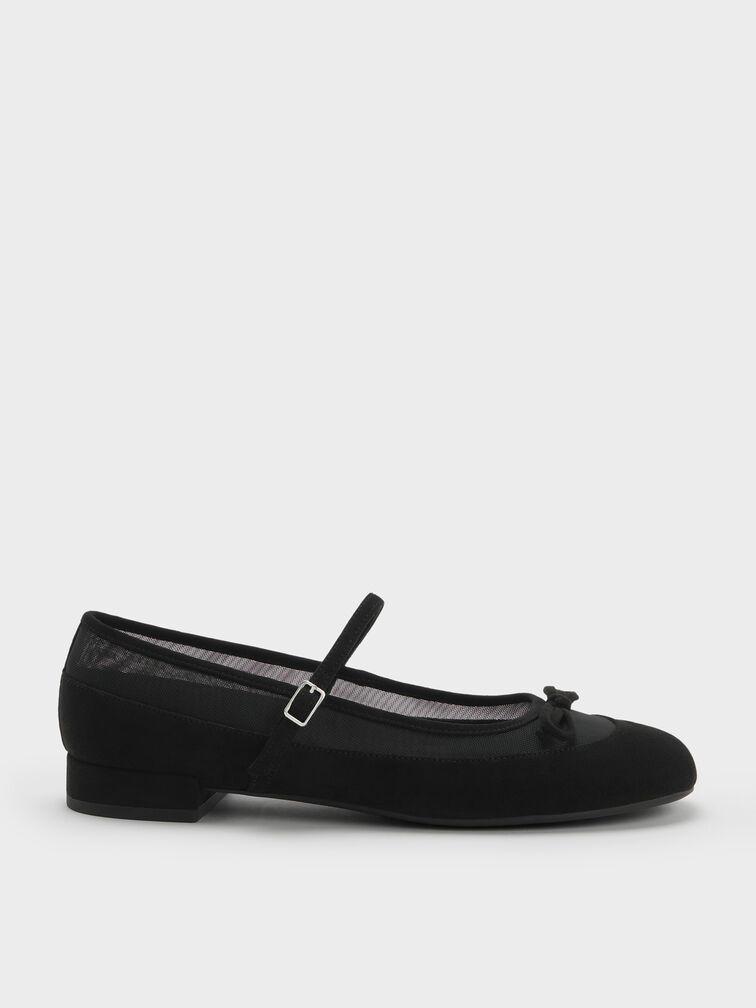 Sepatu Mary Janes Mulligan Faux Suede & Mesh, Black Textured, hi-res