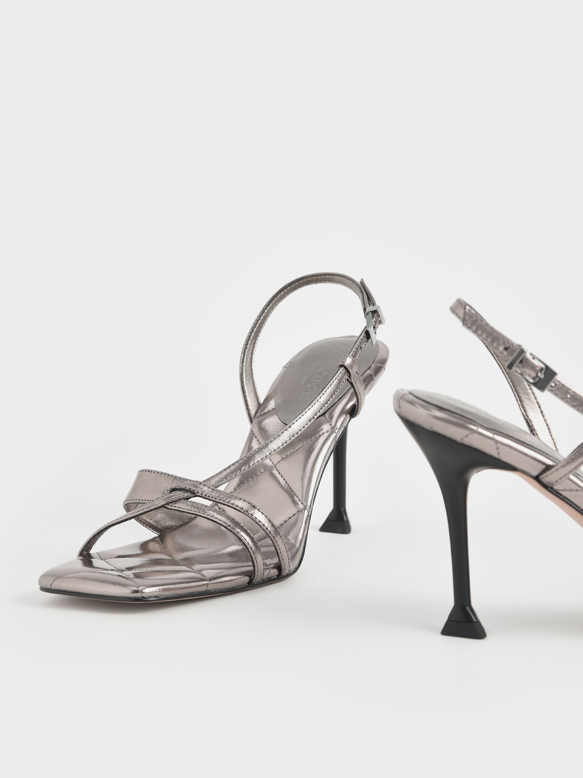 Wrinkled Leather Sculptural Heel Sandals, Silver, hi-res