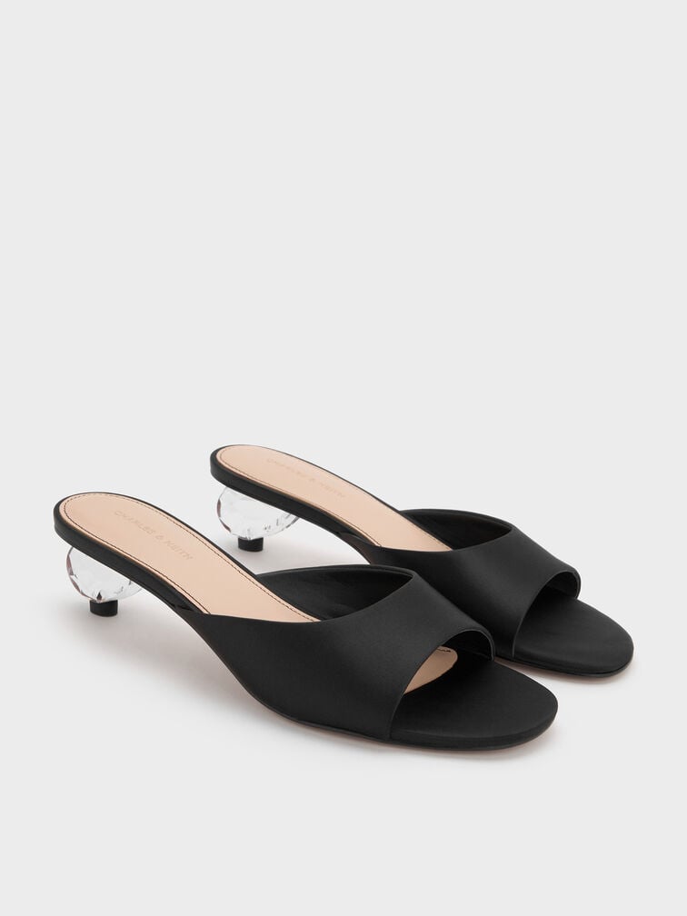 Sepatu Mules Crystal-Heel Satin, Black Textured, hi-res