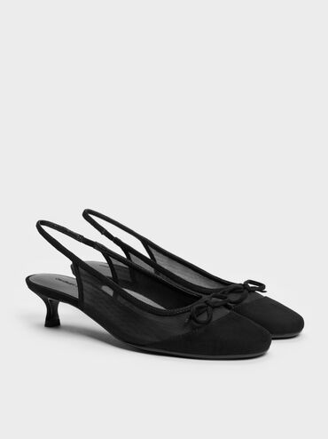 Sepatu Pumps Slingback Mesh Bow Mulligan, Black Textured, hi-res