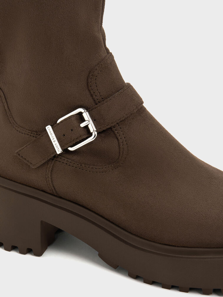Sepatu Boots Ankle Platform Evan Faux Suede, Dark Brown Textured, hi-res