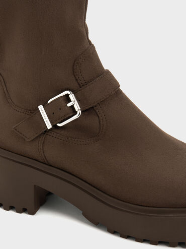Sepatu Boots Ankle Platform Evan Faux Suede, Dark Brown Textured, hi-res