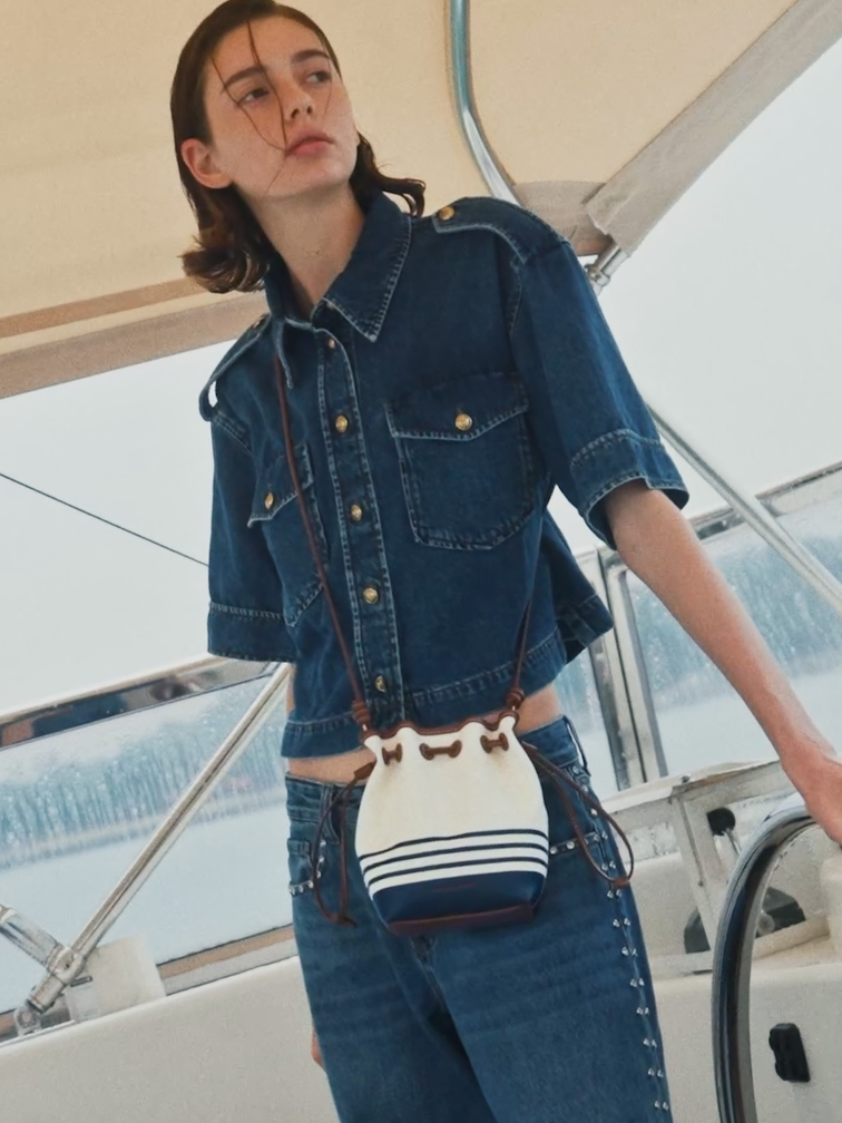 Tas Bucket Drawstring Striped Hanya Kanvas, Multi, hi-res