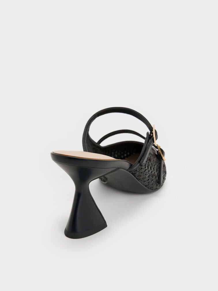 Sepatu Mules Pointed Sculptural-Heel Raffia, Black Textured, hi-res
