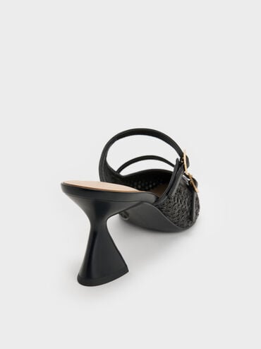Sepatu Mules Pointed Sculptural-Heel Raffia, Black Textured, hi-res