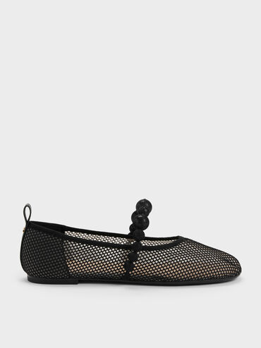 Sepatu Flats Mary Jane Beaded Mesh Leather, Black Textured, hi-res