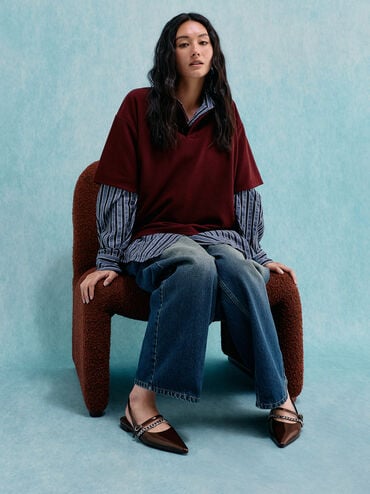 Sepatu Flats Slingback Chain Pointed Georgie, Dark Brown, hi-res