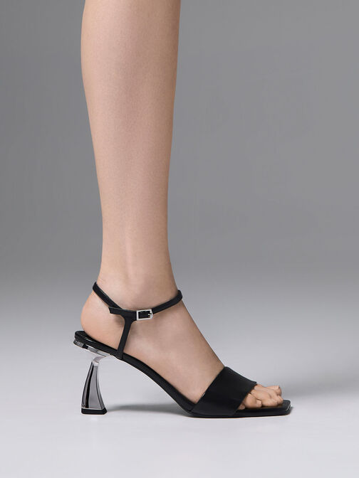 Open Toe Curved Heel Sandals, Black, hi-res
