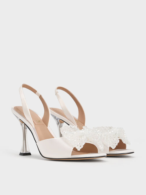 Recycled Polyester Beaded Bow Slingback Pumps, White, hi-res