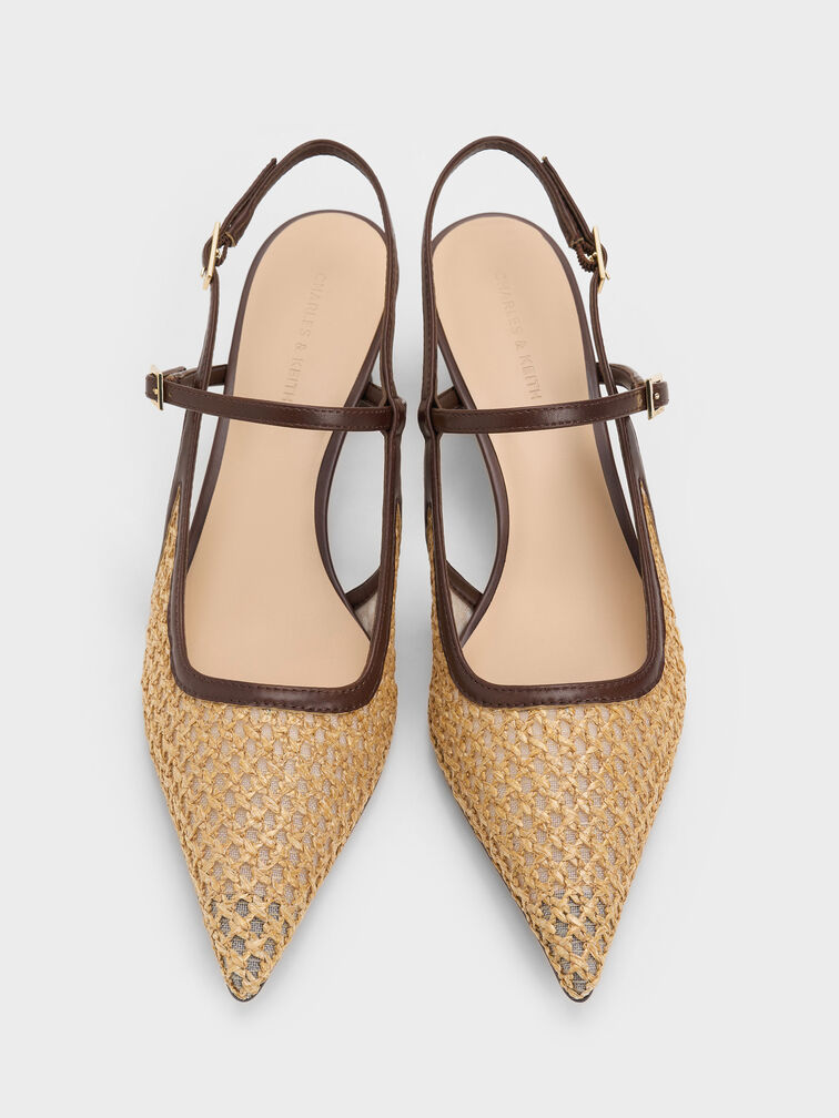 Sepatu Pumps Slingback Sculptural-Heel Raffia, Dark Brown Textured, hi-res