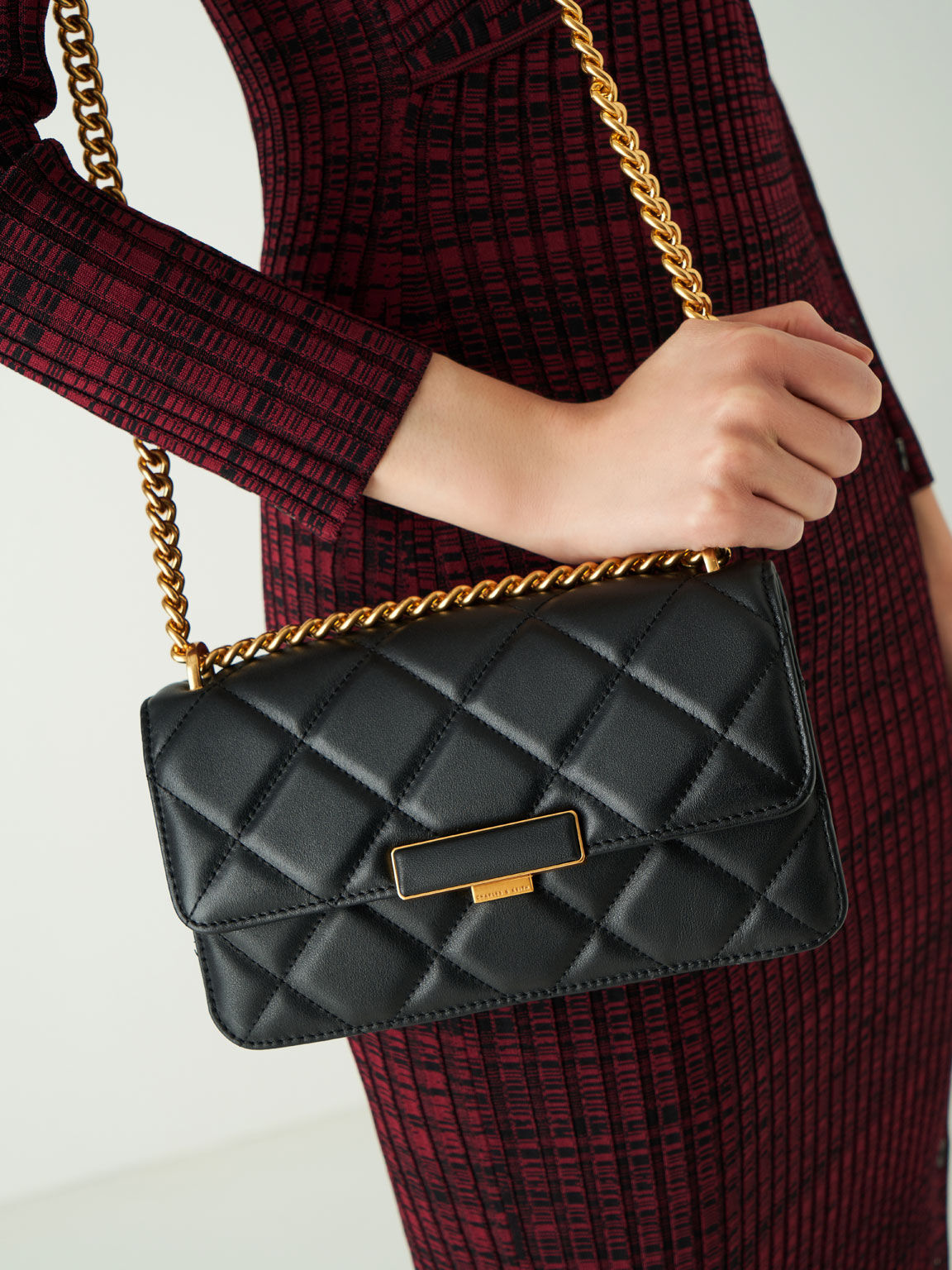 Quilted Leather Chain-Handle Bag, Black, hi-res