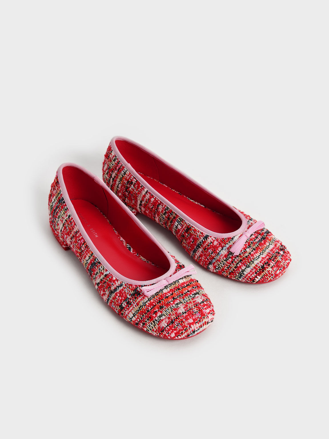 Sepatu Flat Ballerina Tweed Bow-Tie, Red, hi-res