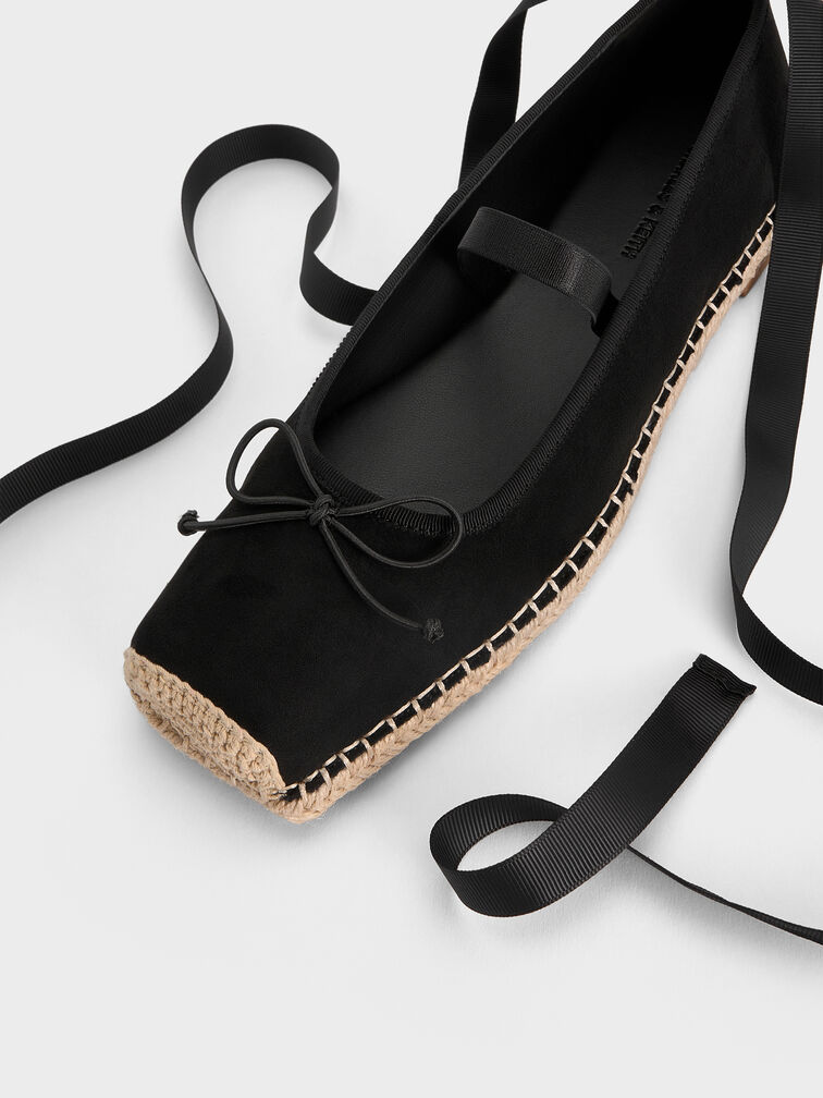 Sepatu Flats Espadrille Tie-Around Faux Suede Bernadine, Black Textured, hi-res