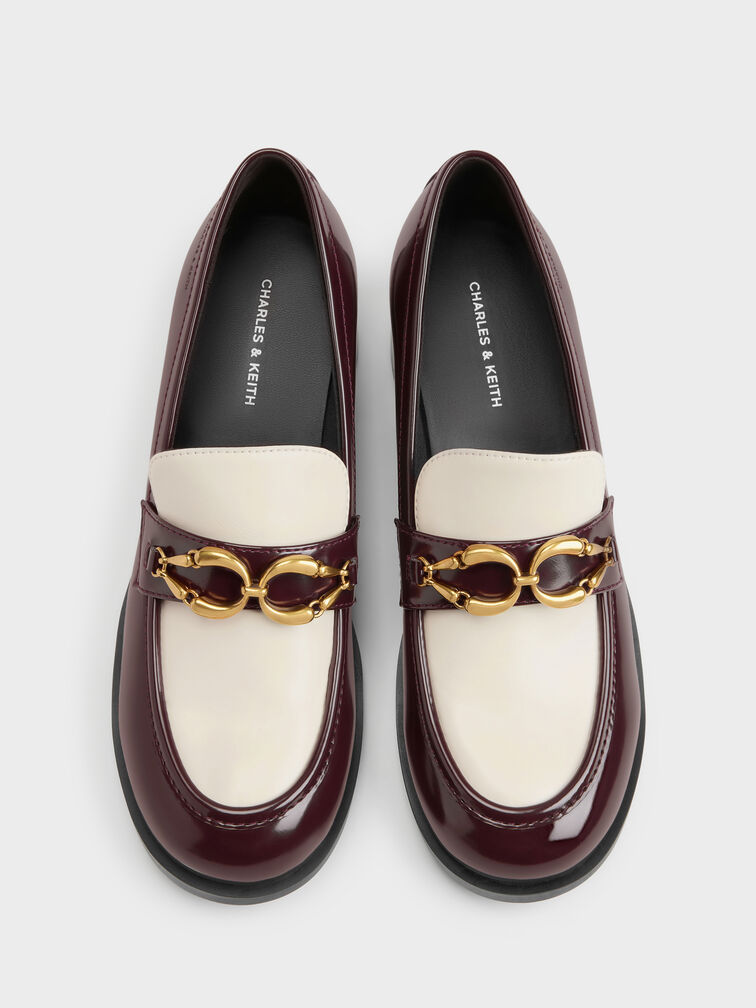 Two-Tone Metallic-Buckle Loafer Pumps, Burgundy, hi-res
