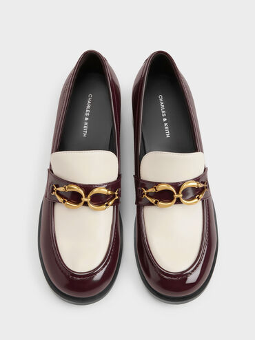 Two-Tone Metallic-Buckle Loafer Pumps, Burgundy, hi-res