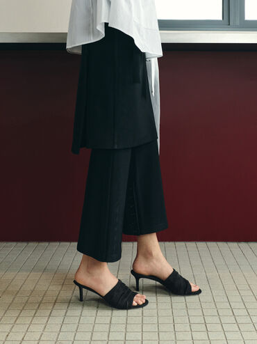 Sepatu Mules Heeled Ruched Faux Suede, Black Textured, hi-res