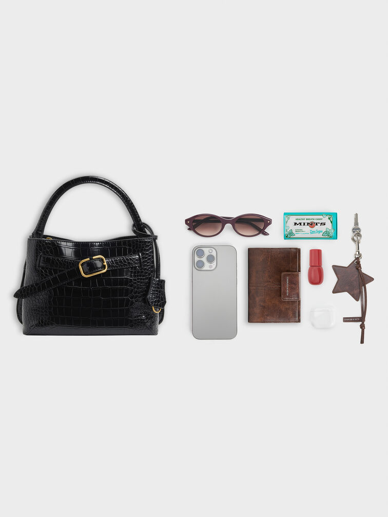 Tas Top Handle Victoria Belted Croc-Effect, Black Croco, hi-res