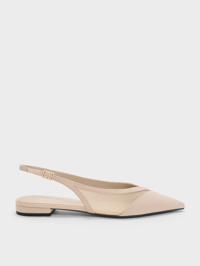 Sepatu Flats Slingback Suede & Mesh Faux, Beige, hi-res