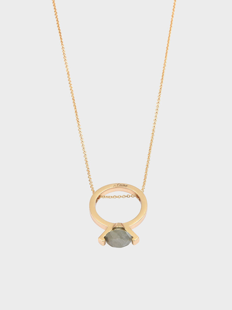 Labradorite Stone Ring Matinee Necklace, Gold, hi-res