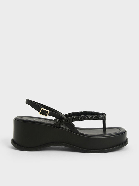 Braided Strap Platform Thong Sandals, Black, hi-res
