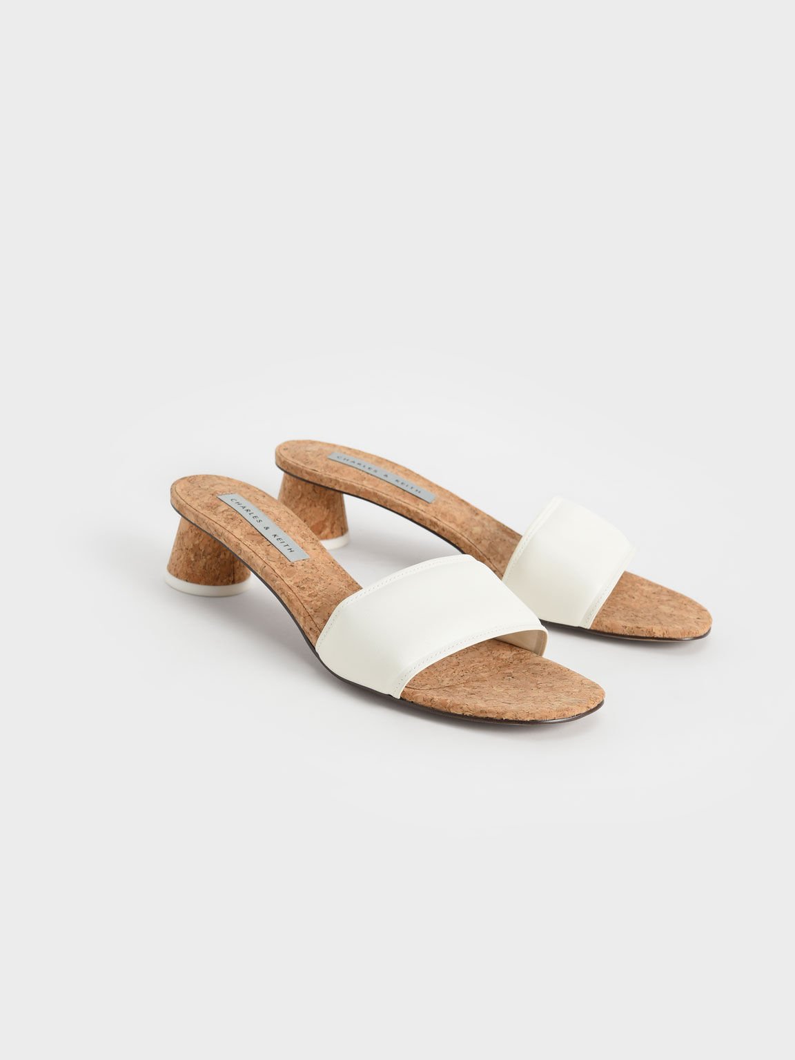 Puffy Cylindrical Heel Mules, White, hi-res