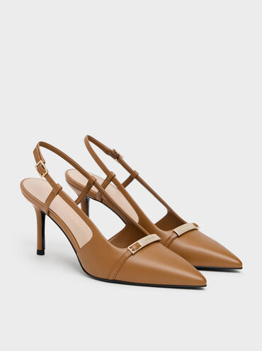 Metallic-Bar Pointed Slingback Pumps, Cognac, hi-res