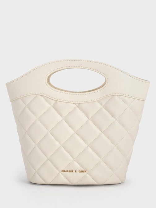 Tas Bucket Curved-Handle Quilted Chain-Link, Cream, hi-res