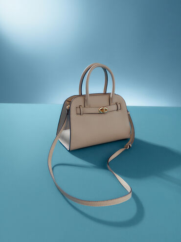 Tas Tote Belted Aubrielle, Taupe, hi-res