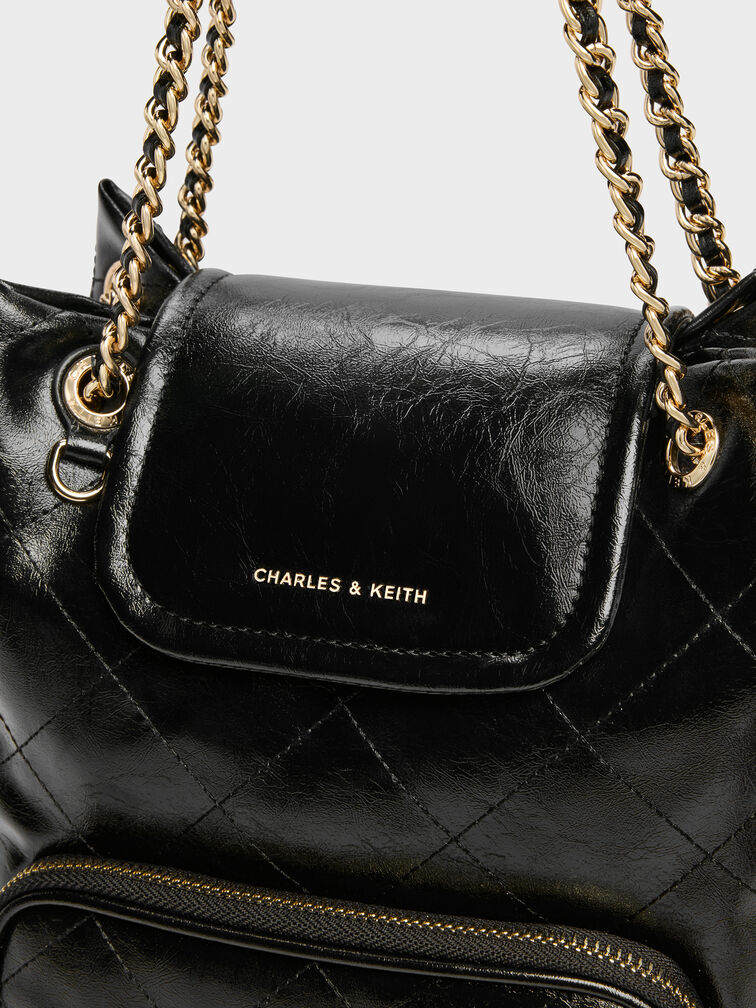 Tas Bucket Flont-Flap Quilted Apfra, Black, hi-res