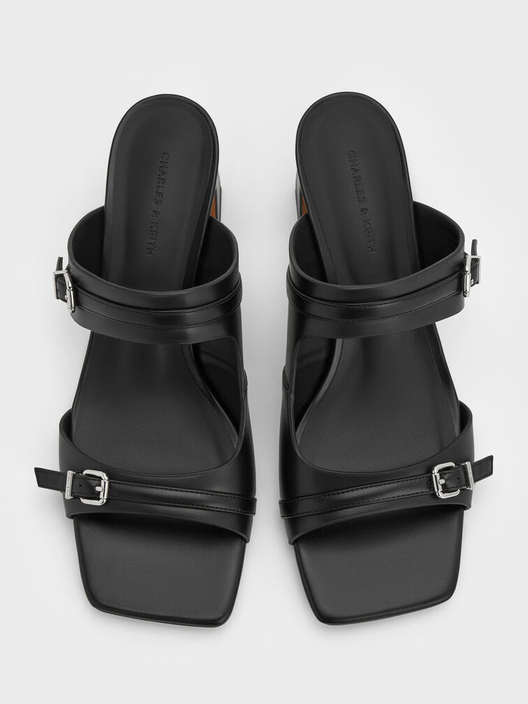 Buckled Double-Strap Heeled Mules, Black, hi-res