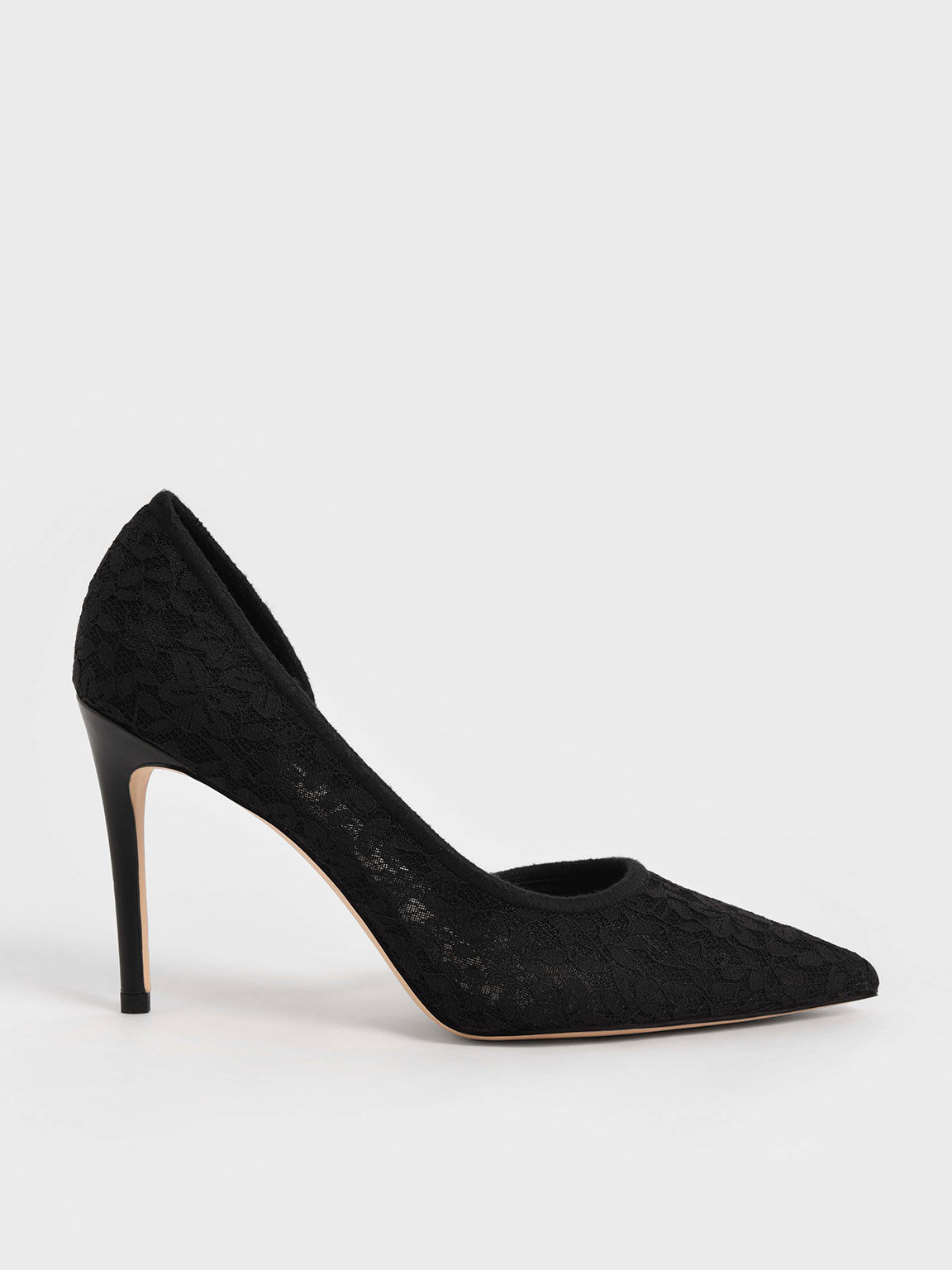 Sepatu Pumps Stiletto Lace & Mesh Half D'Orsay, Black, hi-res