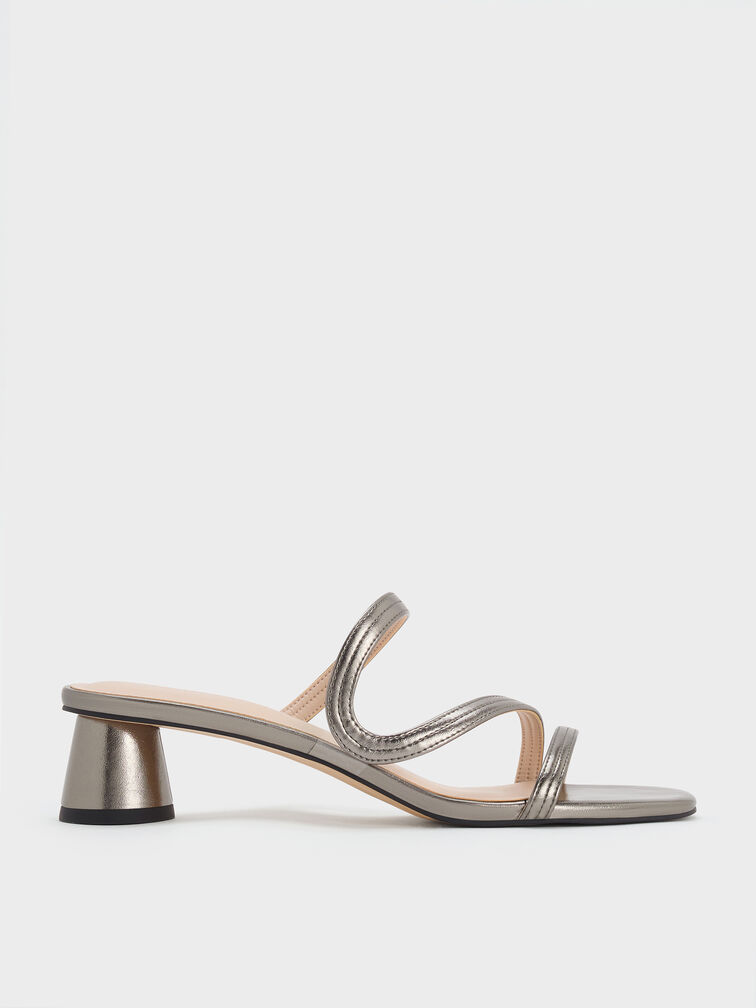 Sepatu Mules Metallic Waxy Strap Arden, Pewter, hi-res