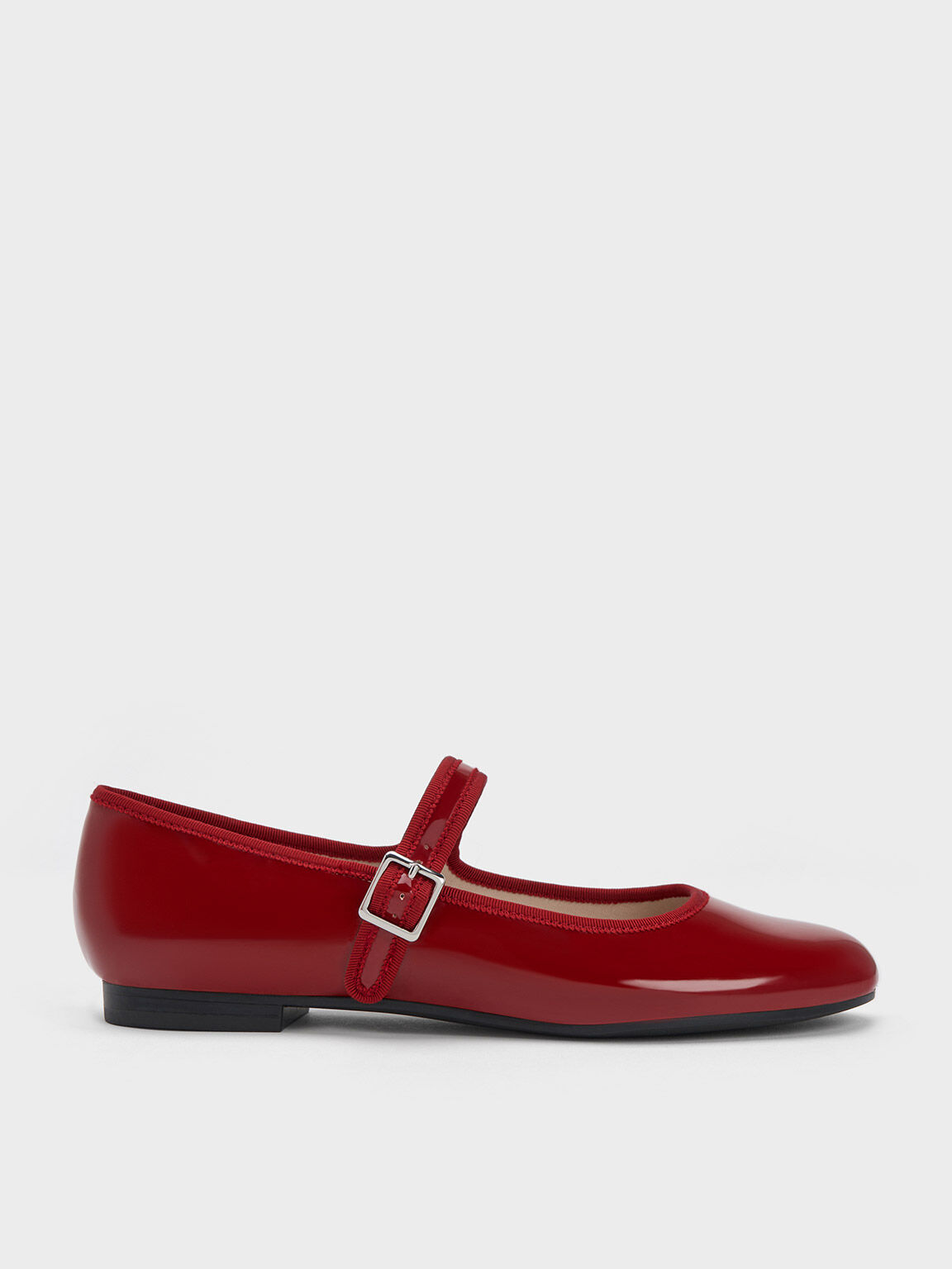 Sepatu Flats Patent Buckled Mary Jane, Red, hi-res