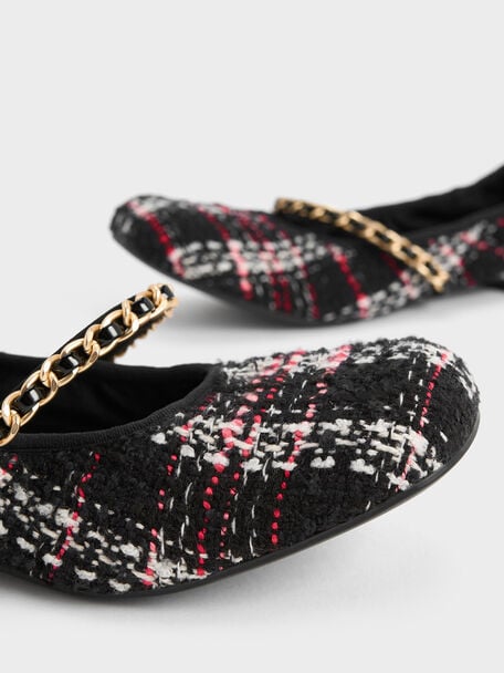 Sepatu Mary Janes Tweed Braided-Chain Strap, Multi, hi-res