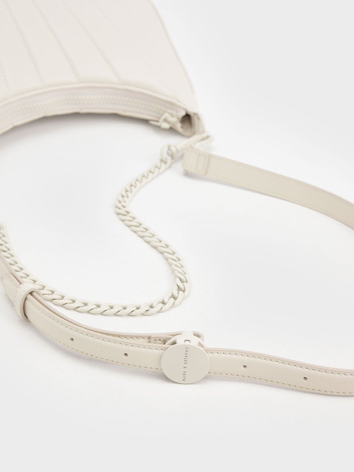 Aurora Chain Handle Panelled Crescent Bag, Cream, hi-res