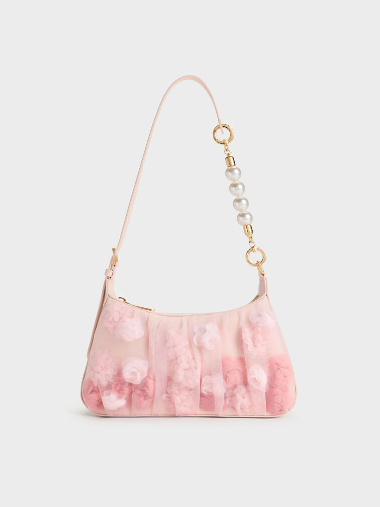 Gift Set: Floral-Mesh Pearl-Strap Shoulder Bag, Light Pink, hi-res
