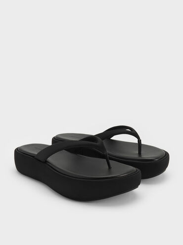 Sandal Flatform Thong Satin, Black Textured, hi-res