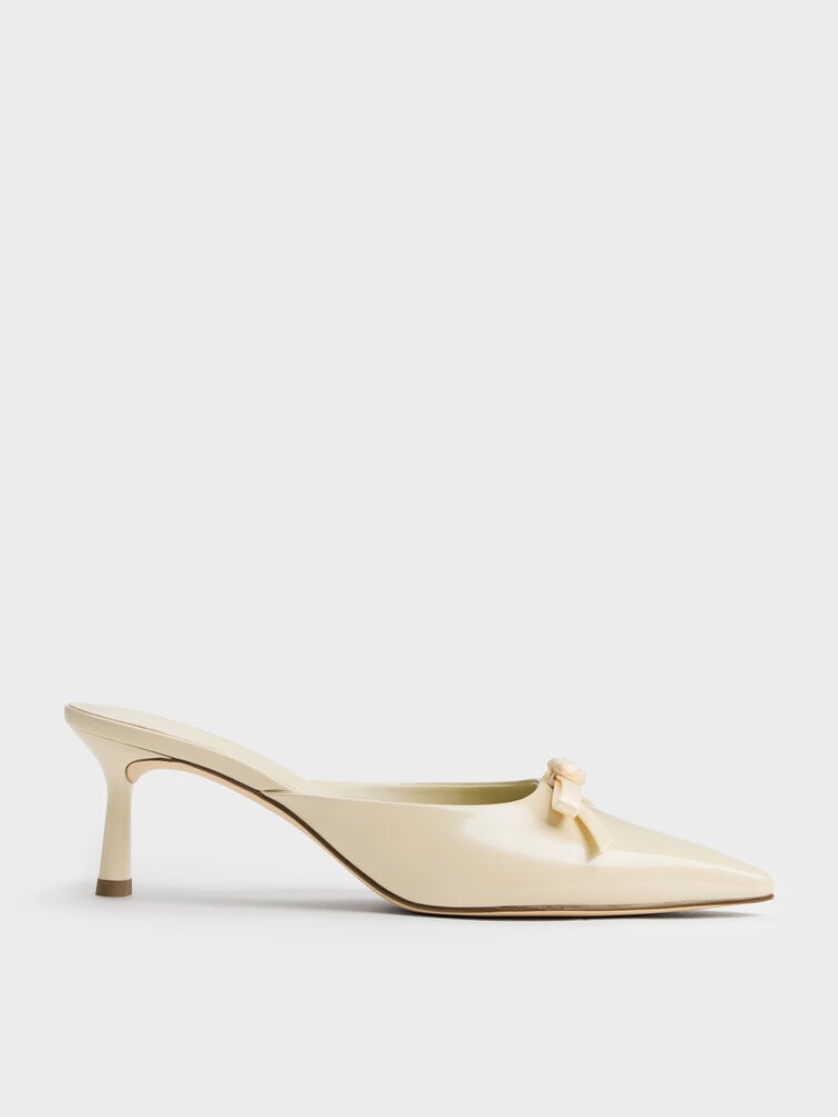 Rose-Bow Pointed Heeled Mules, Beige, hi-res