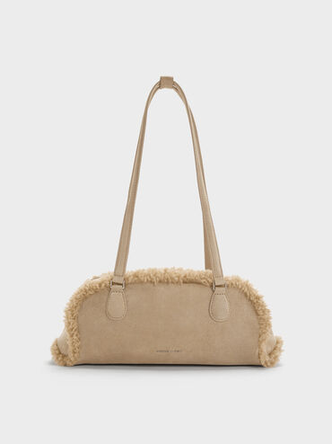 Nelly Recycled Suede & Faux Shearling Elongated Shoulder Bag, Nutmeg Beige, hi-res