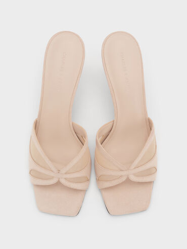 Sepatu Mules Heeled Mesh & Faux Suede, Beige, hi-res