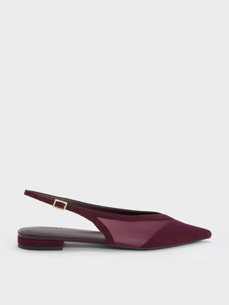 Sepatu Flats Slingback Suede & Mesh Faux, Burgundy, hi-res