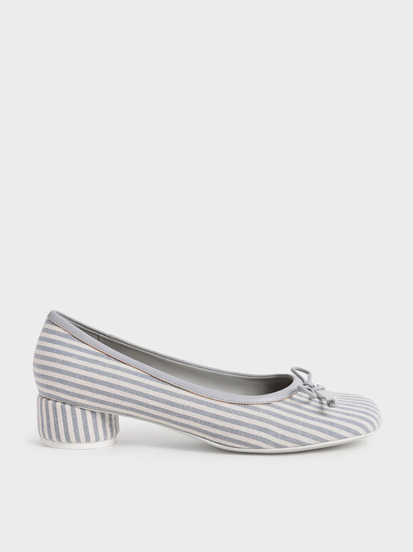 Striped Bow Cylindrical Heel Pumps, Light Blue, hi-res