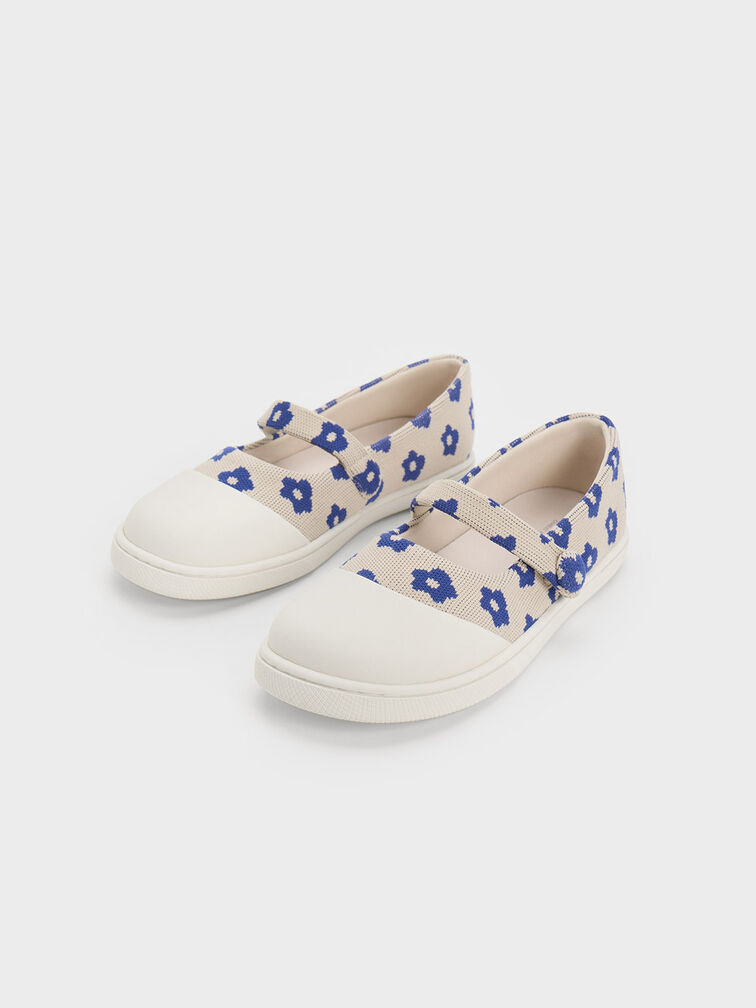 Girls' Toe-Cap Floral Print Mary Janes, Nude, hi-res