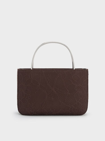 Jennis Lace & Satin Top Handle Bag, Dark Brown Textured, hi-res