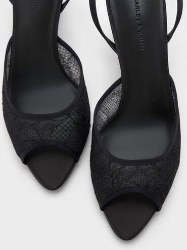 Lace & Satin Peep-Toe Heels, Black Textured, hi-res