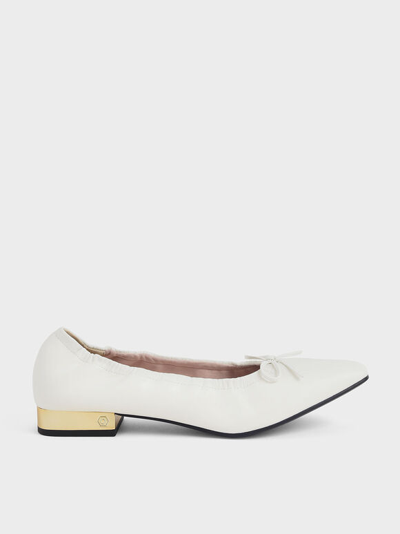 Bow-Tie Ruched Ballerina Pumps, White, hi-res